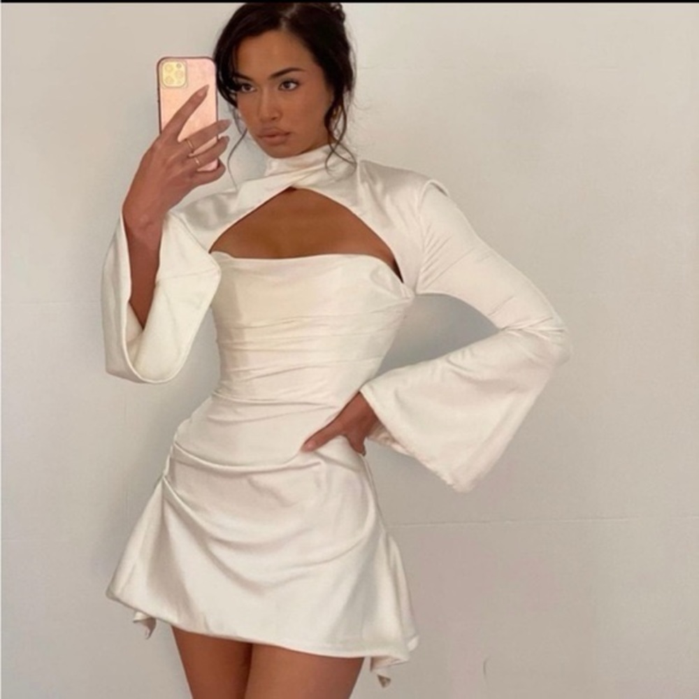 House of CB White Mini Dress with Cutout and Flared Sleeves